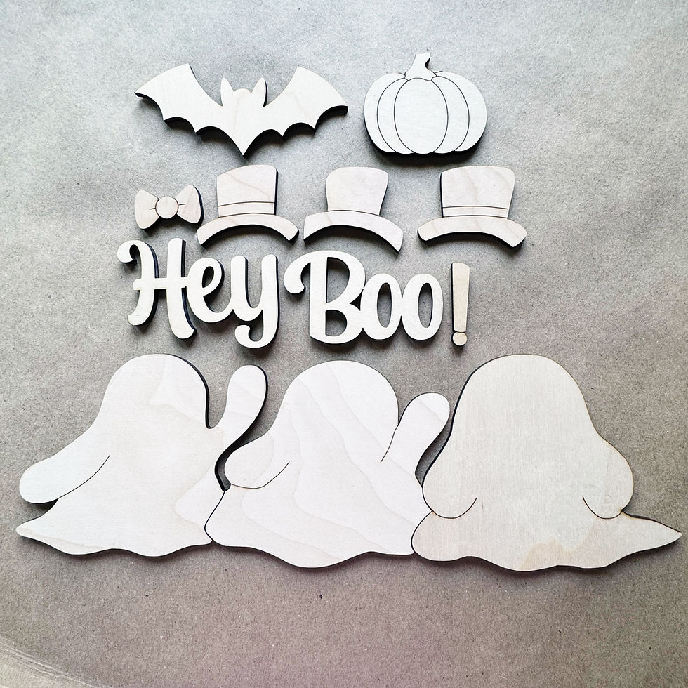 Unpainted Hey Boo! Ghost Add-On Full Kit with fedora hats – includes 3D cut-out ghosts and Halloween accessories