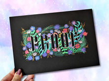 Lettering PROOF de BTS con acuarela metalizada sobre papel negro y técnica en negativo