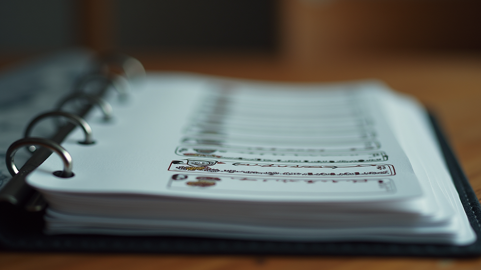 Eye-level view of a binder with clear card pages showing organized playing cards