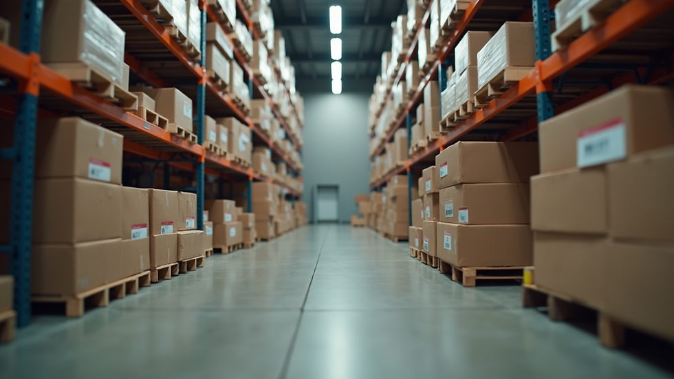 Eye-level view of a supplier warehouse with stacks of playing card boxes