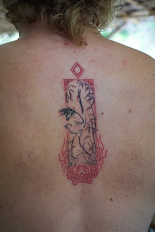 Best Japanese crane painting tattoo in decorative Foo dog frame by Baan Khagee Tattoo Chiang Mai, Thailand