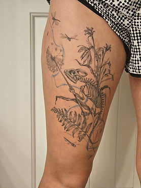 Healed fineline chameleon skeleton with plants tattoo on the thigh by Baan Khagee Tattoo Chiang Mai, Thailand