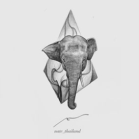 Blackwork realistic baby elephant with flow tattoo design available at Baan Khagee Tattoo Chiang Mai, Thailand