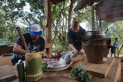 Mclain and Cole enjoy local cooking at Mela local cooking experience in Mae Wang, Chiang Mai, Thailand