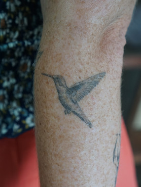 Healed hummingbird tattoo on the forearm by Baan Khagee Tattoo Chiang Mai, Thailand