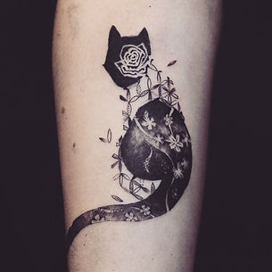 Best minimal blackcat tattoo with pattern at Baan Khagee Tattoo Chiang Mai, Thailand