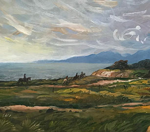 Karen Foster 902. Evening Riders, Santa Barbara Shores 8 x 24 oil on panel 1800.jpg