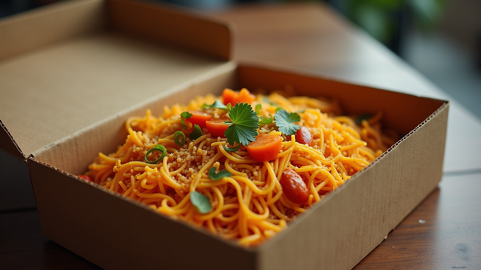 Eye-level view of a biryani delivery box opened to reveal fresh Hyderabadi biryani