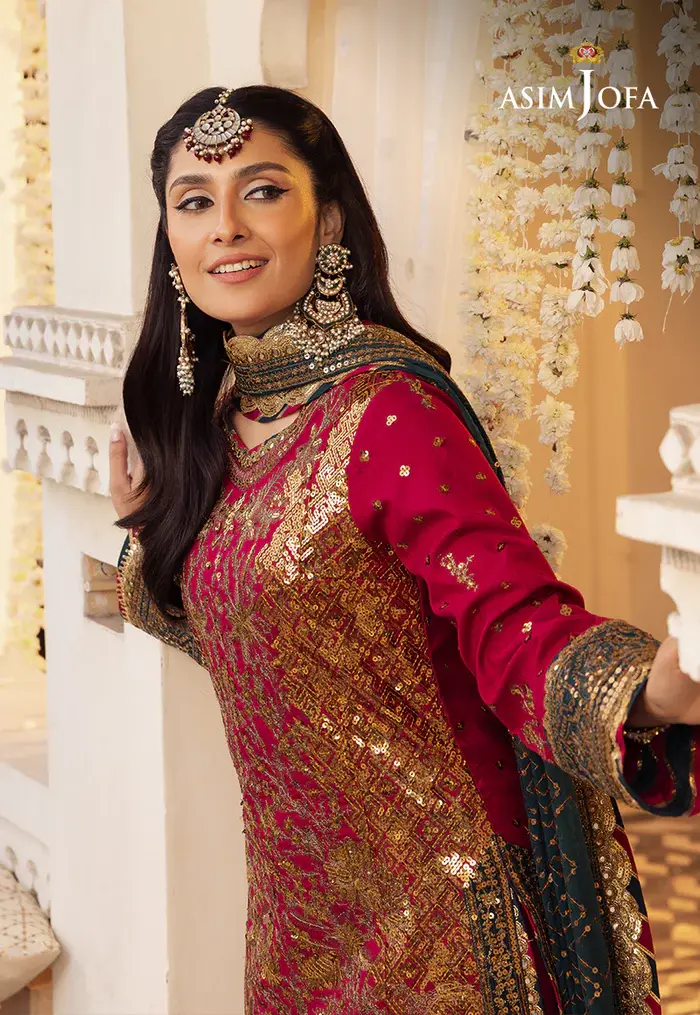 Thumbnail: Asim Jofa Red & Black Raw Silk Dress