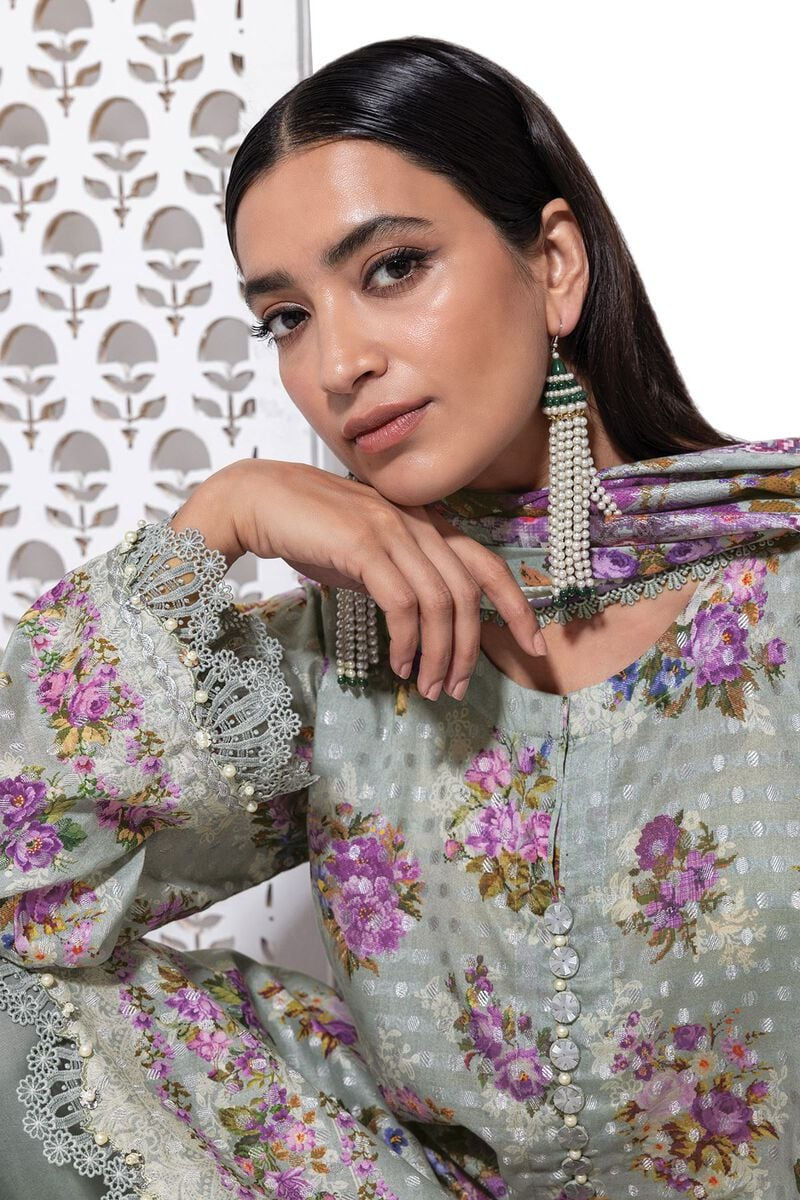 Thumbnail: Jacquard Grey Printed Fabric 3 Piece by Khaadi