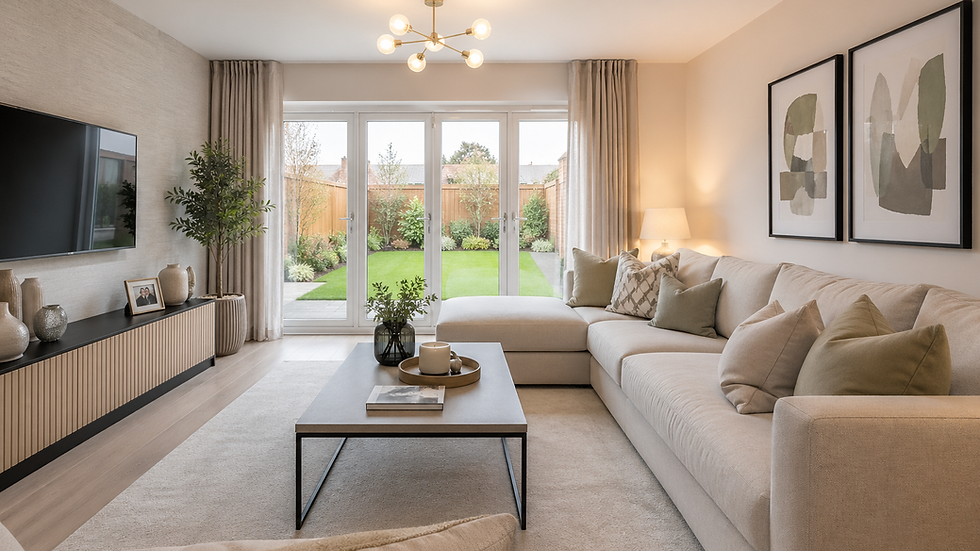 Serene neutral living room in an English new build show home featuring a beige sectional sofa, soft lighting, minimalist décor, and large patio doors opening to a landscaped garden.