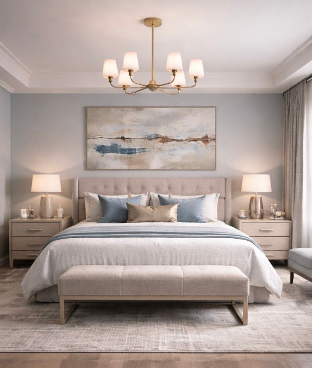 Calming bedroom with overhead reading light, soft natural light and a green plant - showcasing ENR Interiors' Initial Design Consultation style.