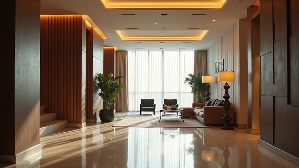 Eye-level view of a modern hotel lobby with stylish decor