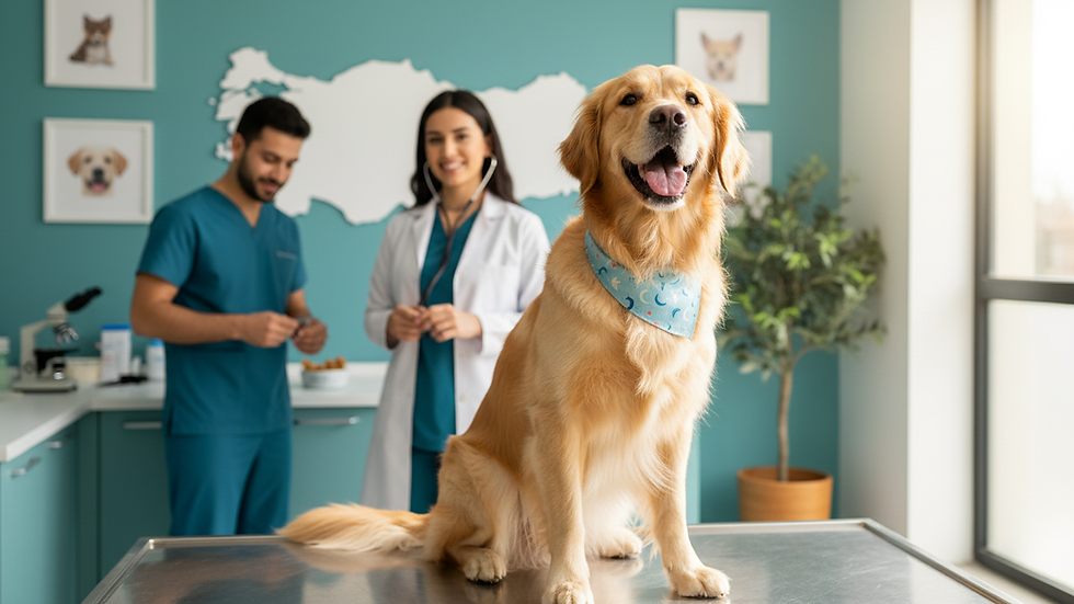 Eye-level view of a happy dog sitting in a veterinary clinic