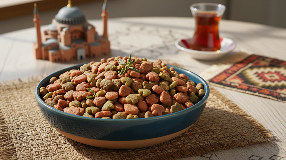 Close-up view of a bowl filled with dry diet cat food