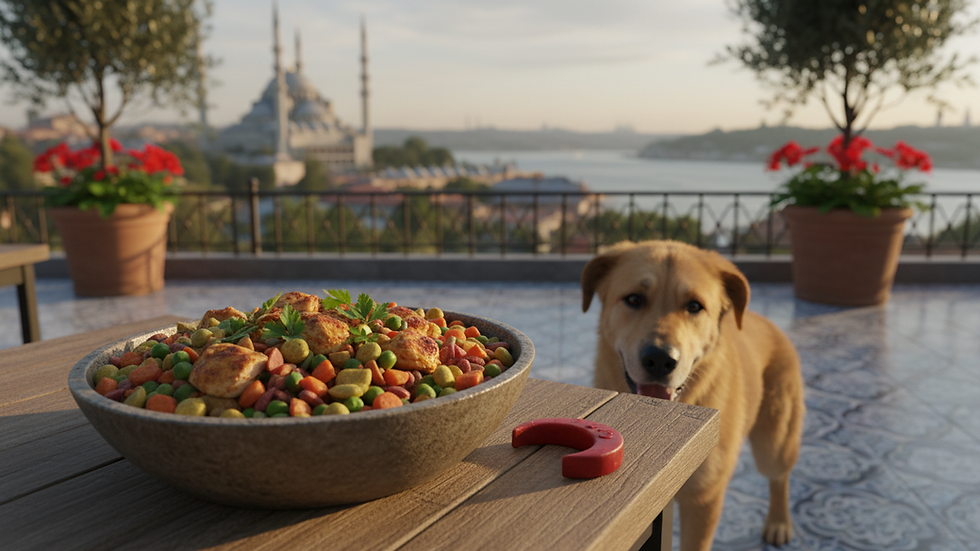 Eye-level view of a bowl filled with healthy dog food