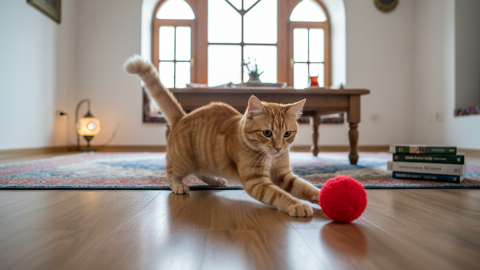 Eye-level view of a cat playing with a toy ball indoors