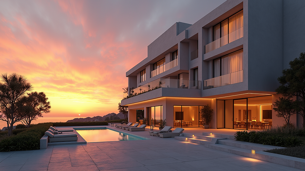Wide angle view of a hotel exterior with a sunset background