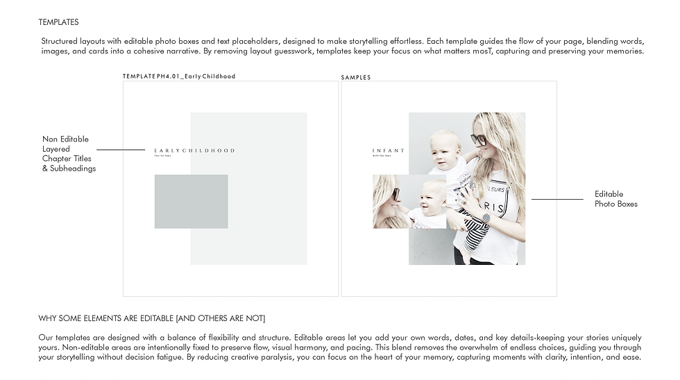 A pair of coordinated digital storytelling templates displayed side-by-side, showcasing a balance of editable and fixed design elements to guide layout flow, simplify decision-making, and help preserve narrative clarity.