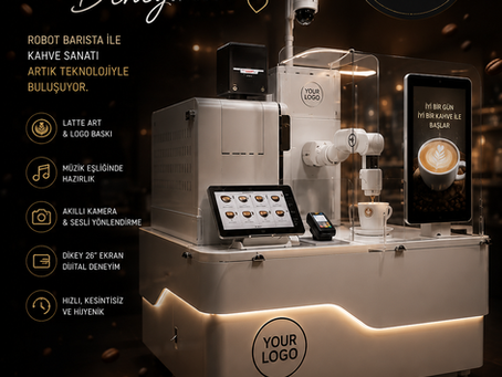 Robot Coffee Experience etkinliklerinde kullanılan yapay zekâ destekli robot barista sistemi. Logo baskılı kahve hazırlayan robot kol, fuar, kongre ve kurumsal organizasyonlarda interaktif kahve deneyimi sunmaktadır.