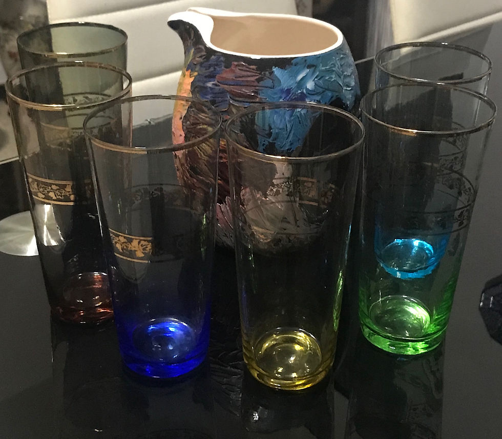 Miniatura: Set bicchieri colorati in cristallo + caraffa in ceramica inglese
