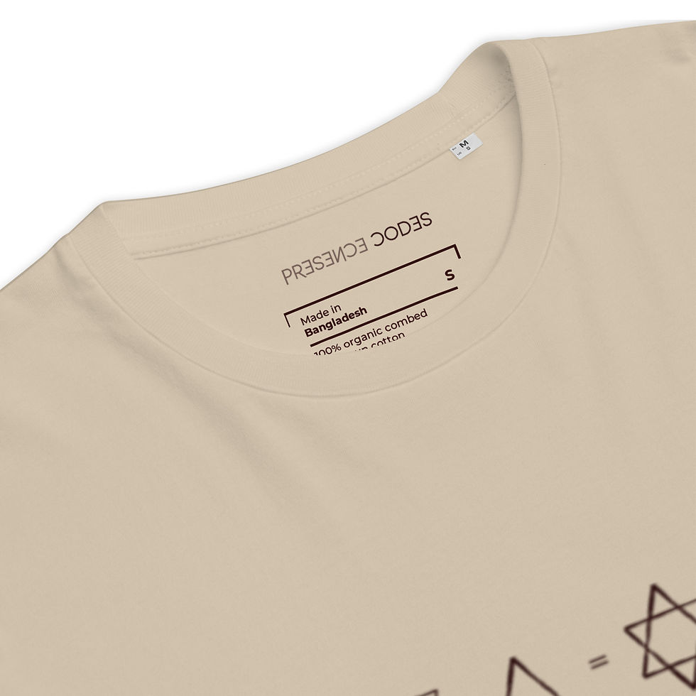 Thumbnail: Inside neck print with "Presence Codes", size, and organic cotton – conscious detail.