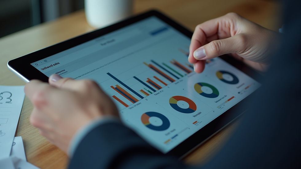 Close-up view of a business owner analysing sales data on a tablet