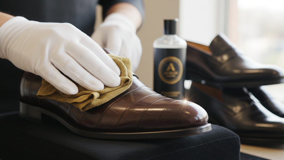 Close-up view of a luxury leather shoe being carefully cleaned