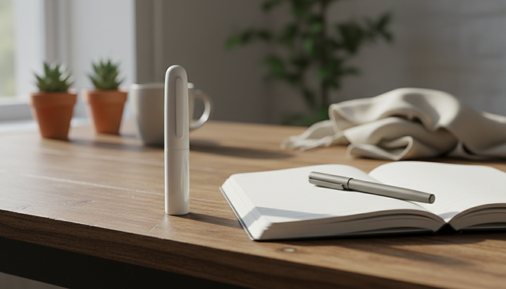 Close-up view of a medication pen beside a health journal.