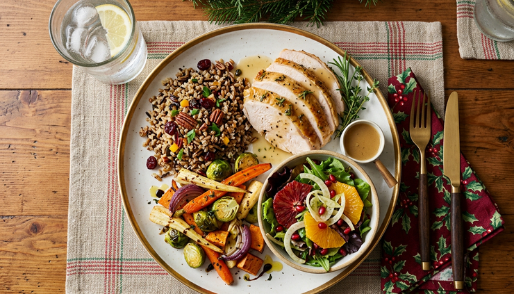 Overhead view of a colorful holiday meal with vegetables, whole grains, and lean protein.