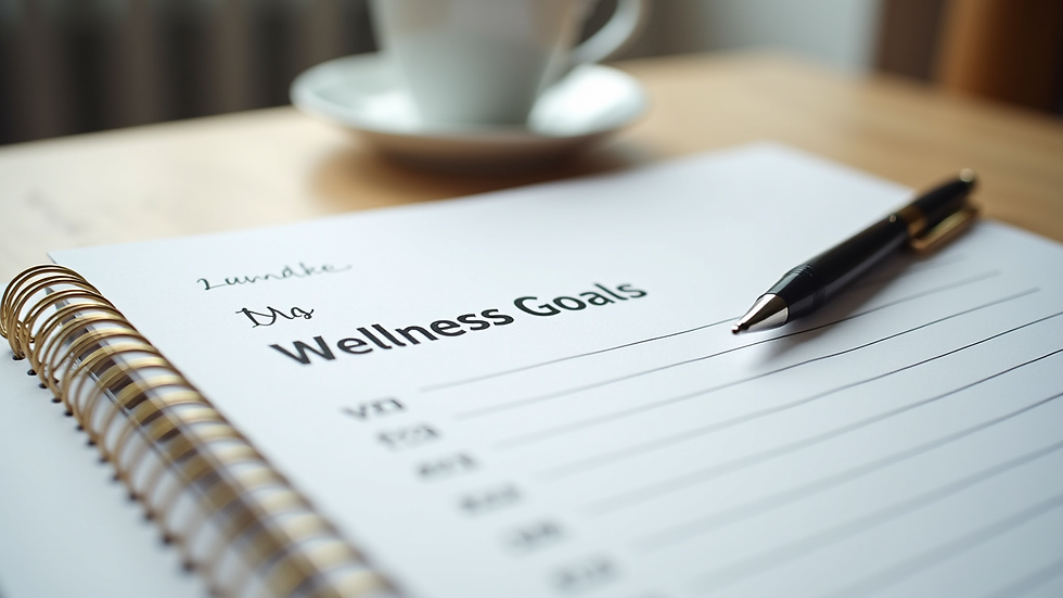 Close-up view of a planner with wellness goals and a pen on a desk