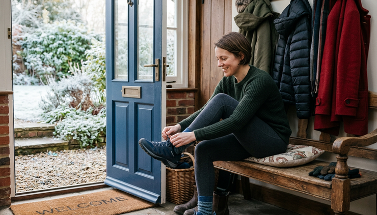 Eye-level view of a person tying walking shoes near a front door with winter coats nearby.