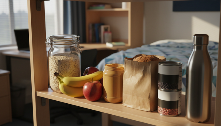 Eye-level view of a dorm room shelf stocked with oatmeal, fruit, nut butter, and a reusable water bottle