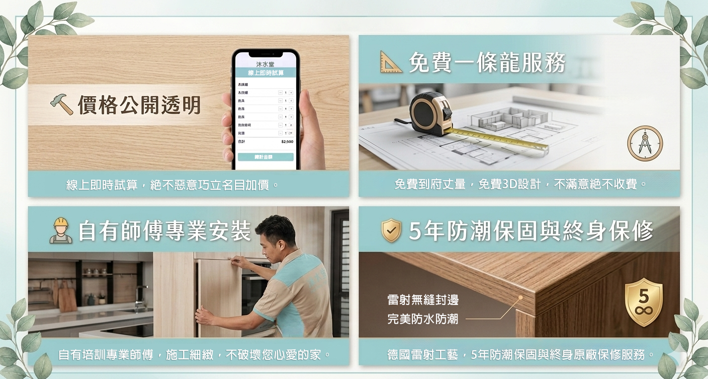 價格公開透明: 線上價格即時試算,依長度與規格公開透明計價,絕不在丈量後惡意巧立名目、隨意加價。
📐 免費一條龍服務: 核心服務縣市(北北基桃竹苗)提供免費到府丈量 ➔ 免費繪製 3D 初步空間設計圖,不滿意絕不收費。
👷 自有師傅專業安裝: 絕不外包給不認識的臨時工班!全面由沐水堂培訓的自有專業師傅到府組裝,施工細緻,不破壞您心愛的家。
🛡️ 5年防潮保固與終身保修: 我們對自家工廠的「雷射無縫封邊」工藝有絕對信心!全屋系統櫃與廚具出廠,皆享有 5 年防潮保固與終身原廠保修服務,不怕未來維修變成裝潢孤兒。
