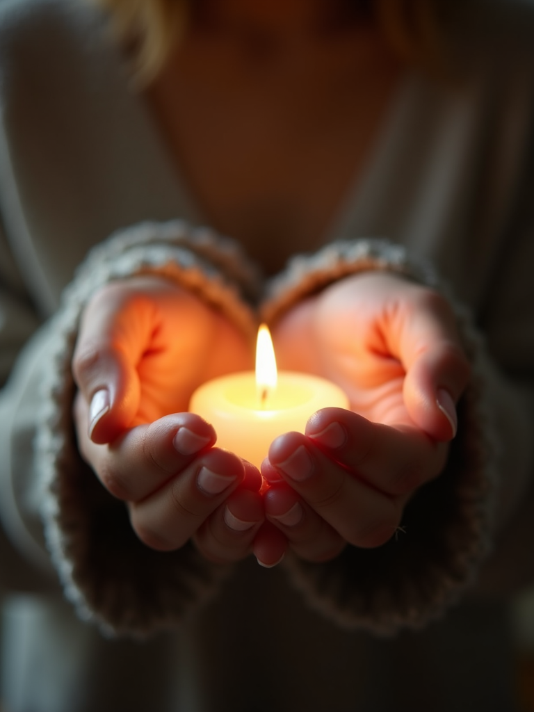 Nahaufnahme von Händen die sanft ein weiches leuchtendes Licht spiritueller Führung halten.