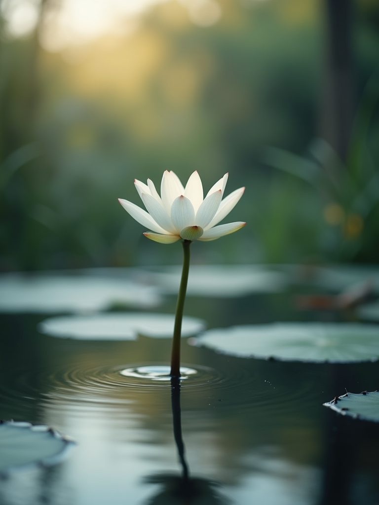Minimalistische Silhouette einer Lotusblume die aus einem ruhigen Wasserbecken auftaucht.