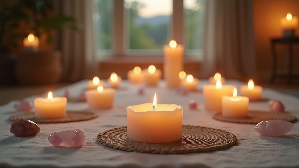 Eye-level view of a peaceful meditation space with candles and crystals