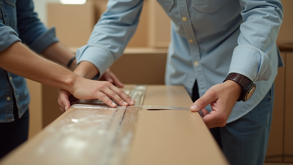 Close-up view of professional movers carefully packing fragile items