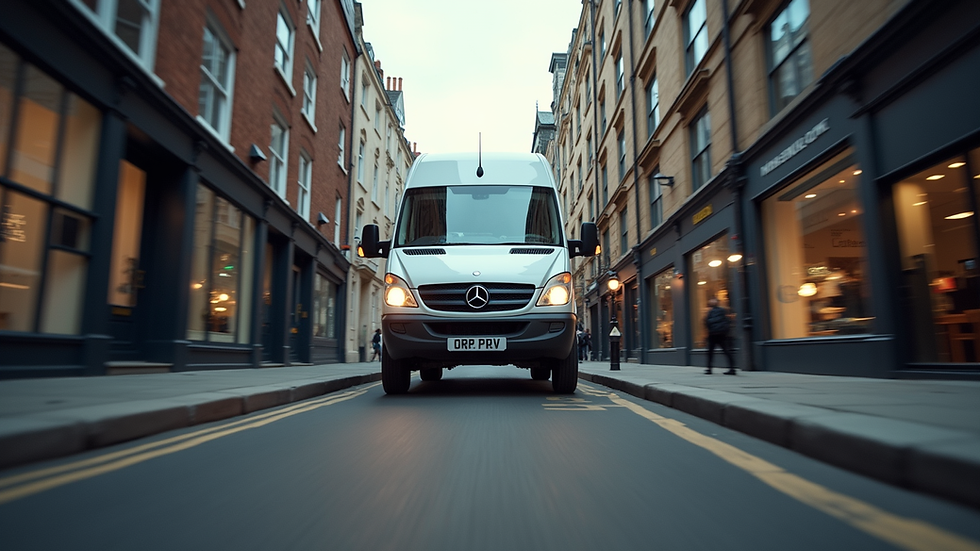 Eye-level view of a moving van parked on a narrow London street