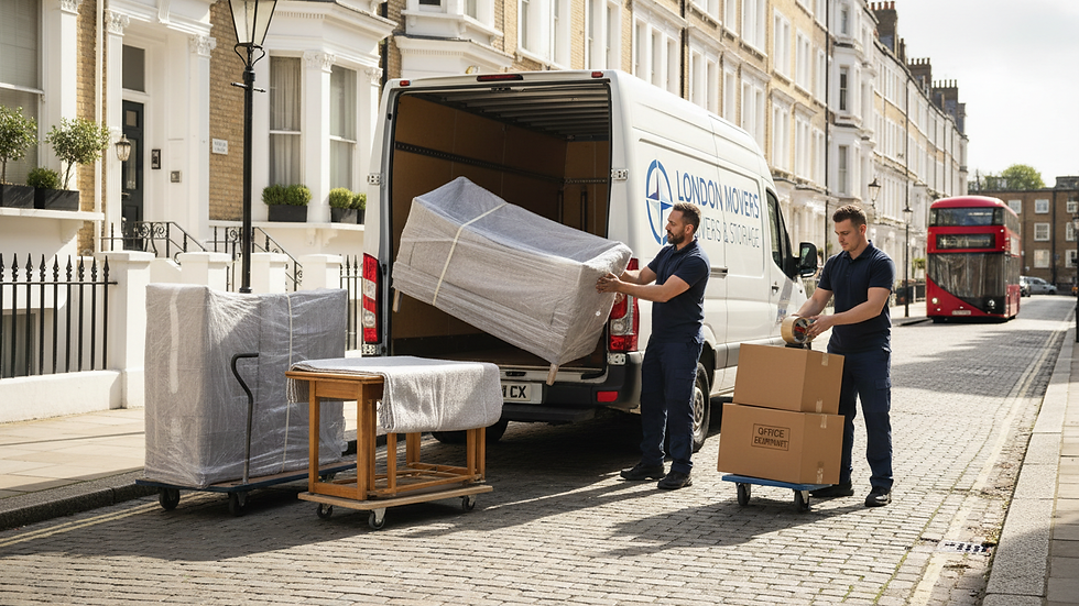 Eye-level view of a man loading furniture into a van in a London street
