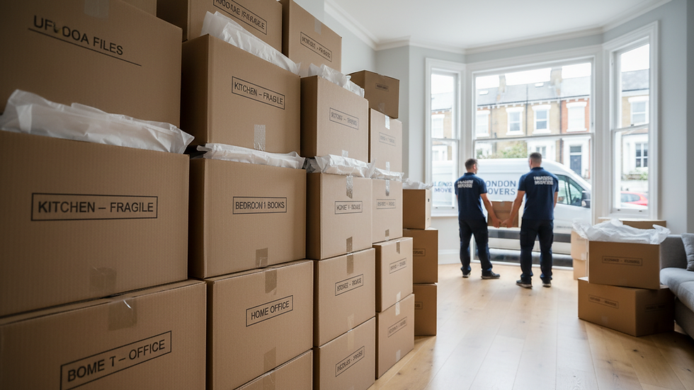 Close-up view of packed moving boxes stacked neatly in a London flat