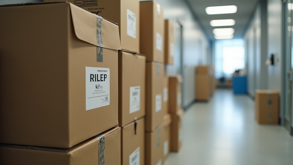 Close-up view of labelled moving boxes stacked in an office hallway