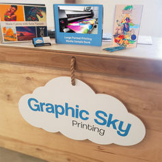 Photograph of the reception desk at Graphic Sky Printers in Santa Fe, New Mexico.