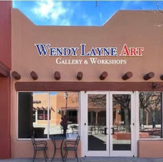 Exterior of Wendy Layne Art Gallery & Workshops in the SoFe Arts District of Santa Fe, New Mexico.