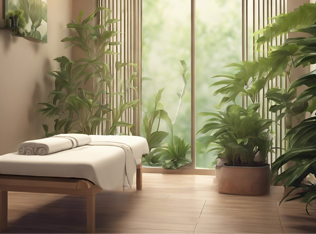 Peaceful plant filled massage room with massage bed and window