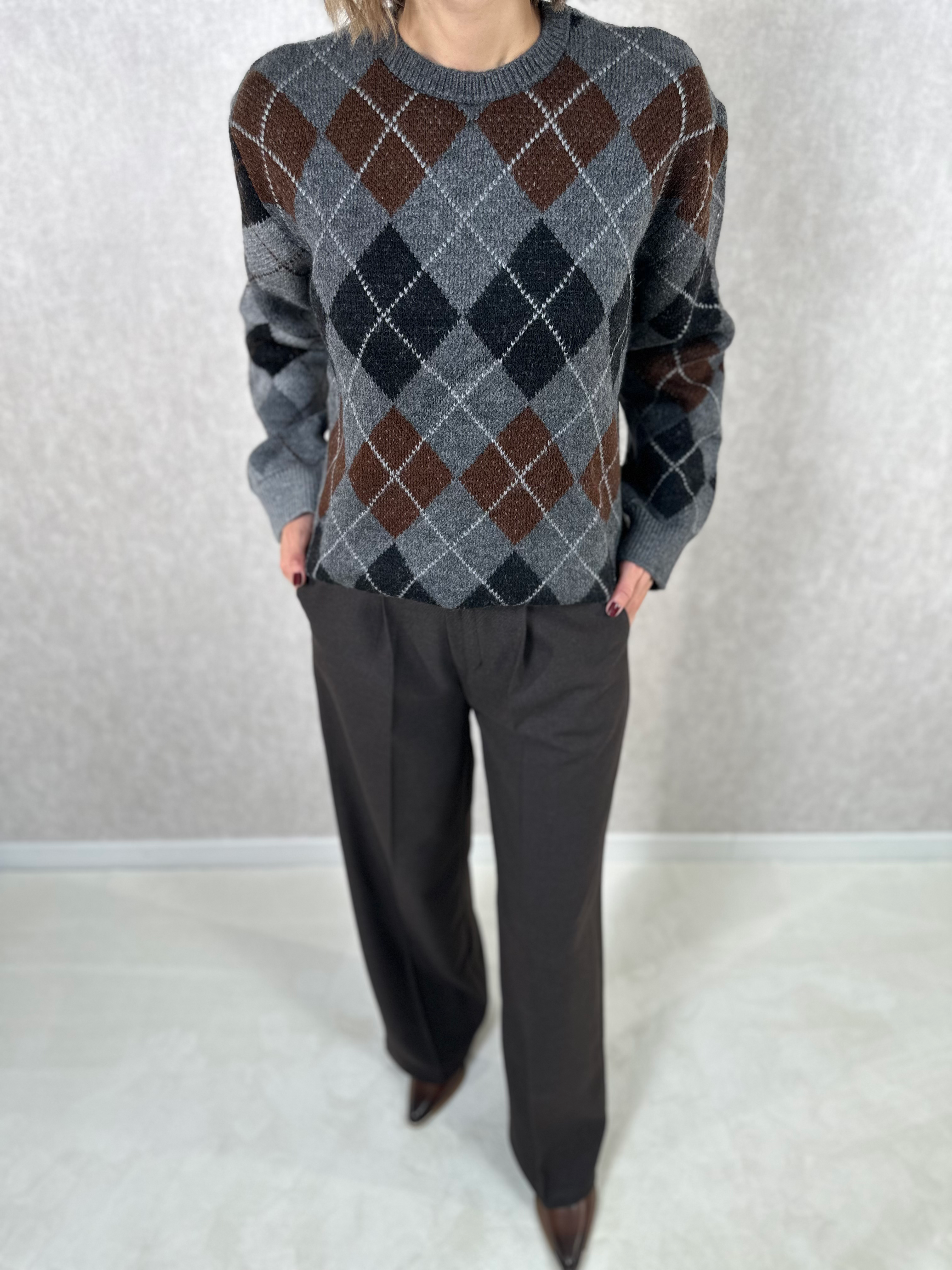 Baklava Desenli Bisiklet Yaka Kazak / Gri-Siyah