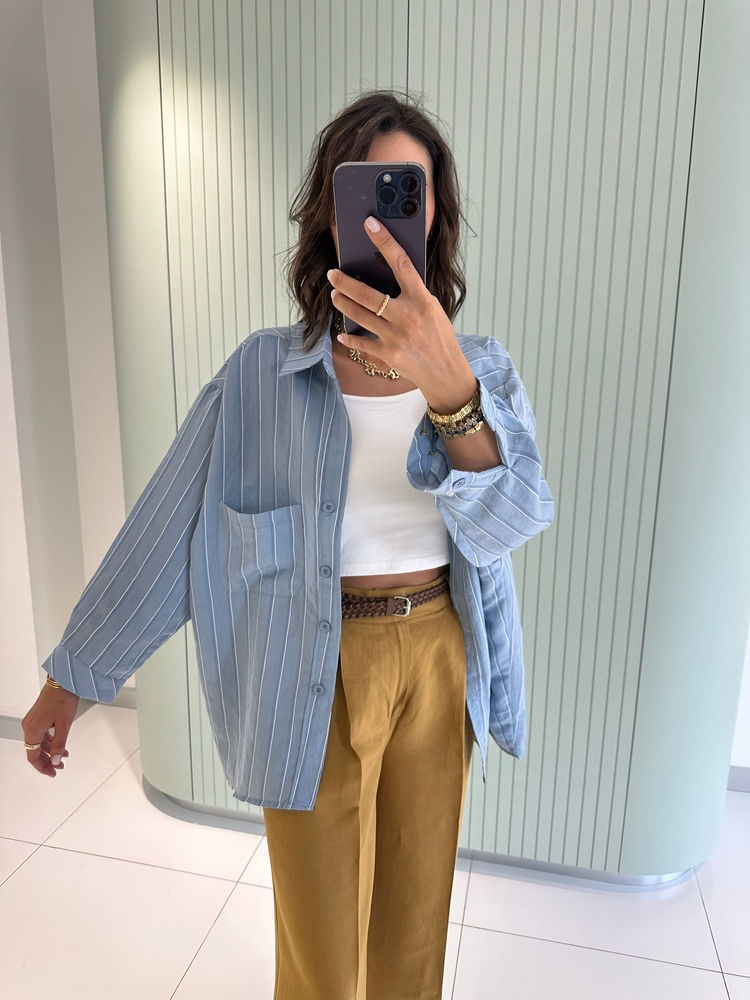Küçük resim: Çizgili Oversize Gömlek / İndigo