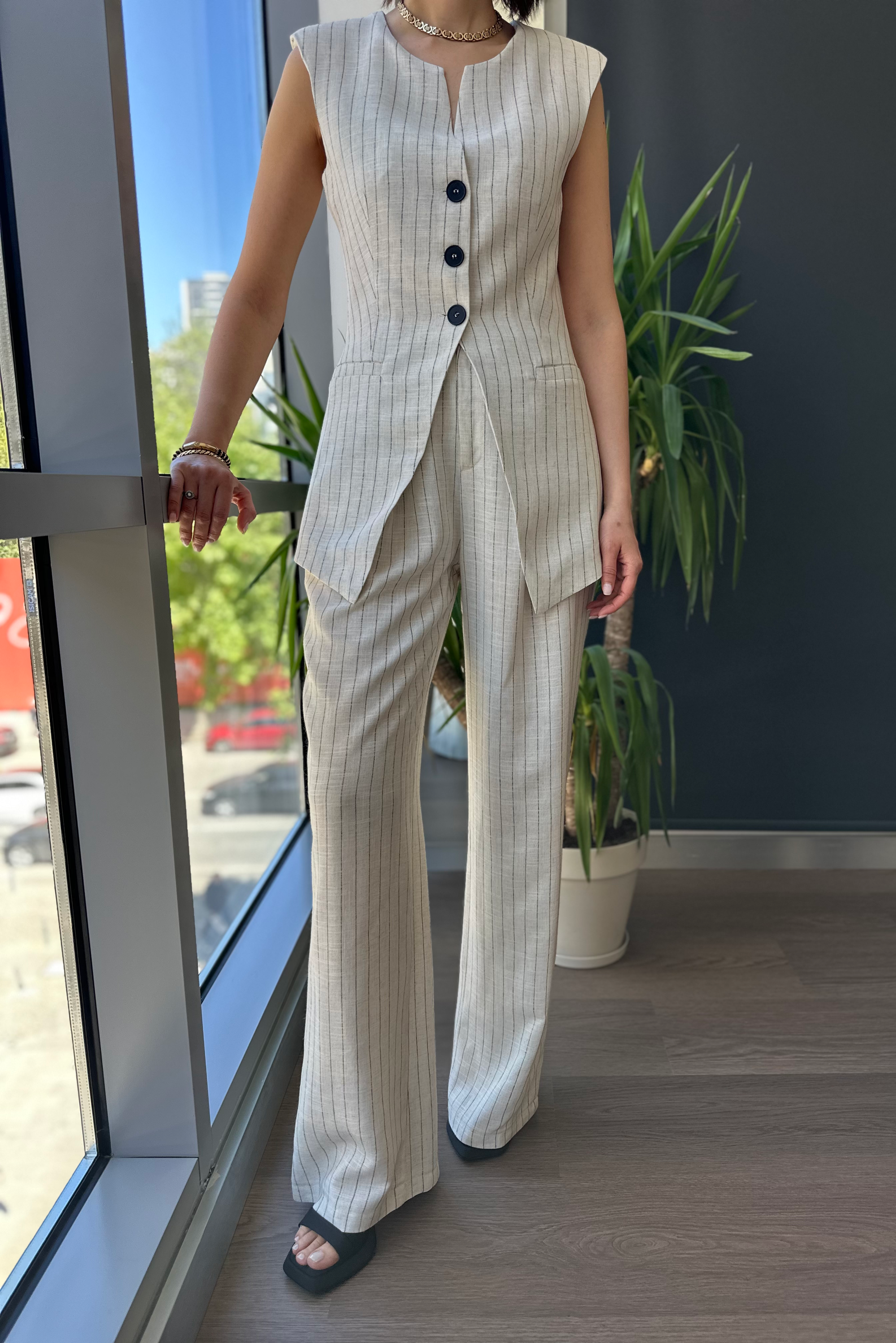 Çizgili Yelek Pantolon Takım