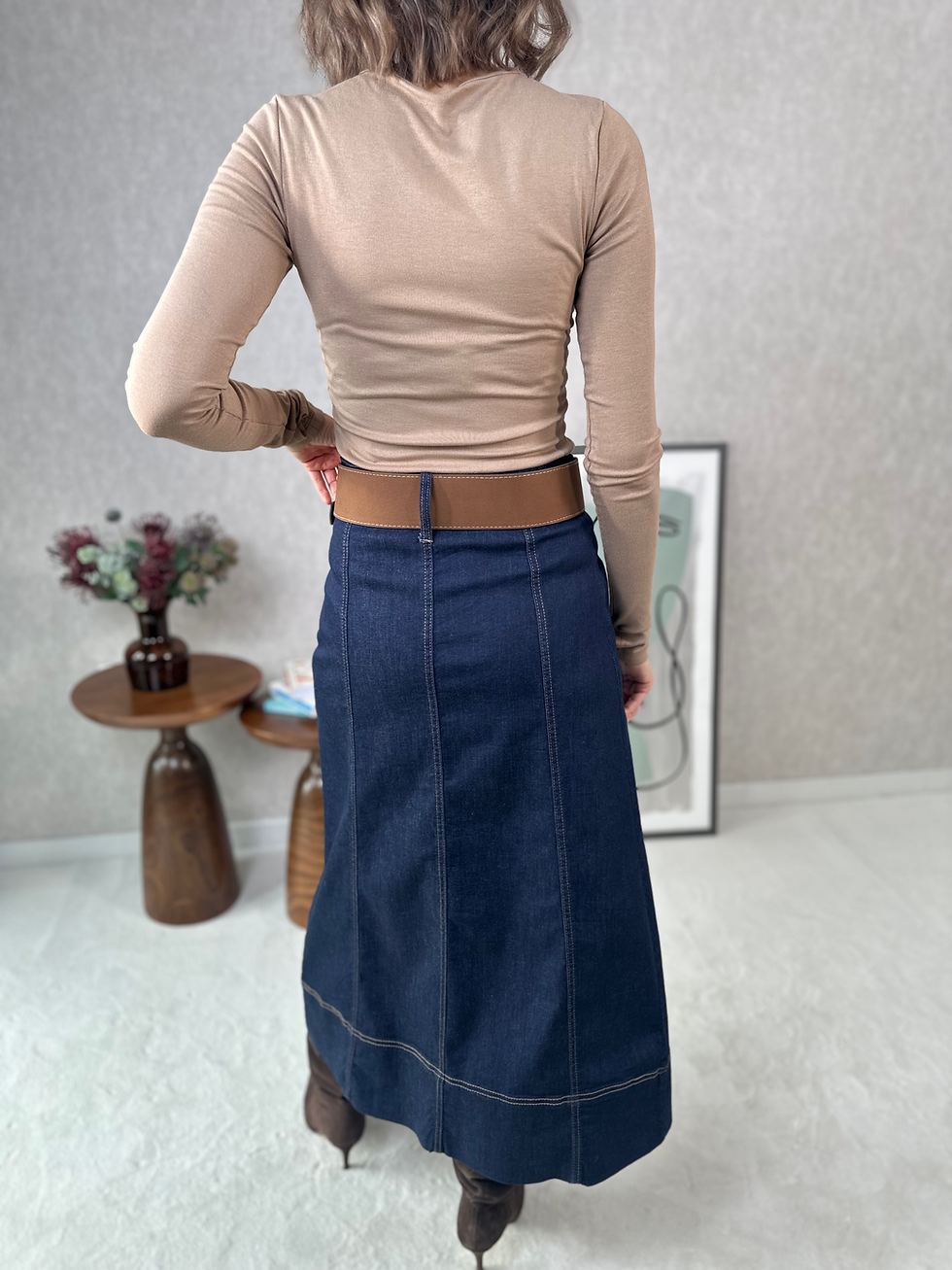 Küçük resim: Kemerli Lacivert Midi Boy Denim Etek 