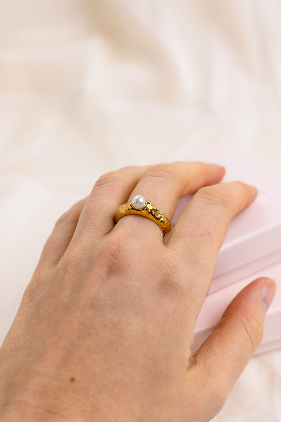 Thumbnail: Hammered Stainless Steel Pearl Ring